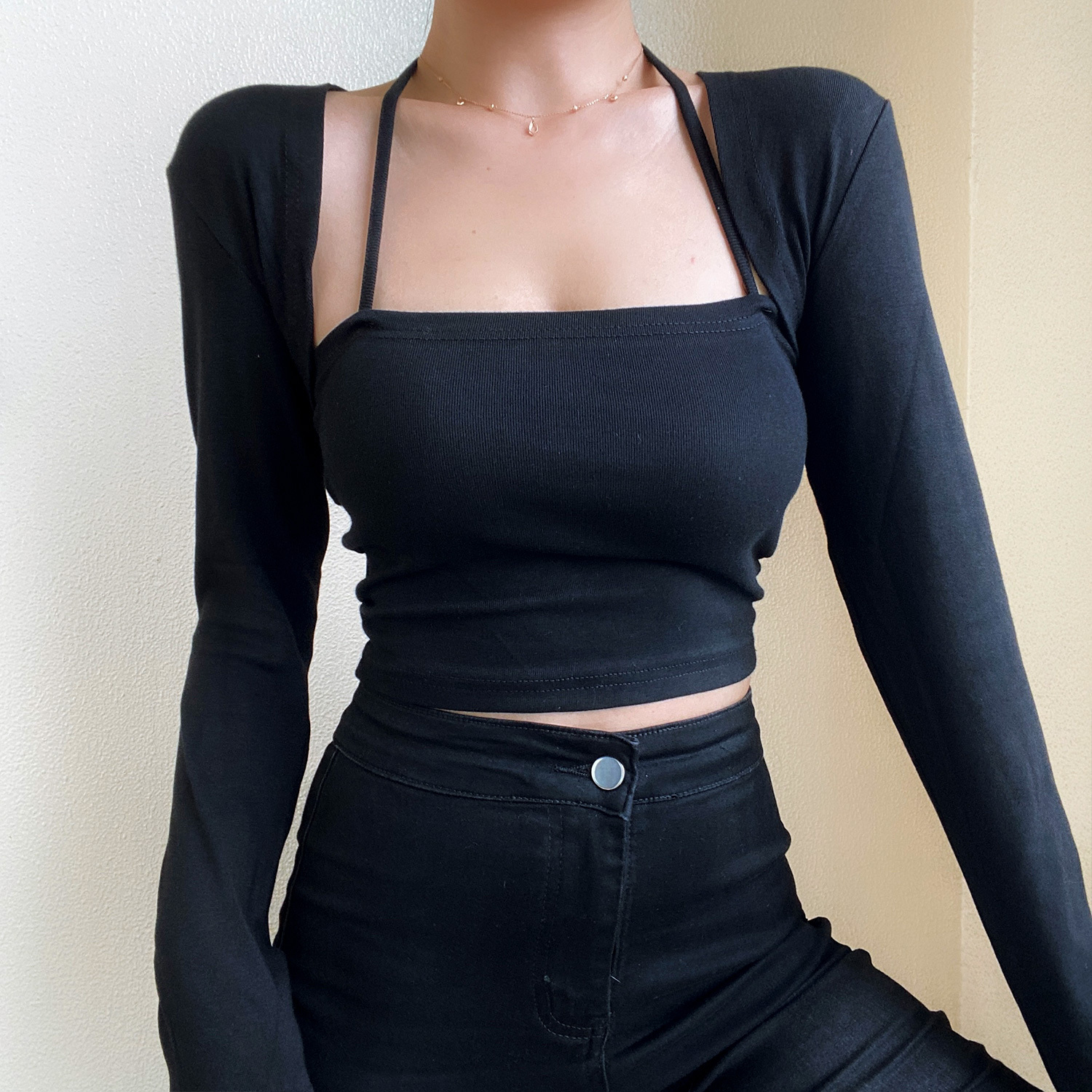 Retro Strapless High-Waisted Short Camisole and Shawl Cardigan Two-Piece Set for Women - European American Style Fashion