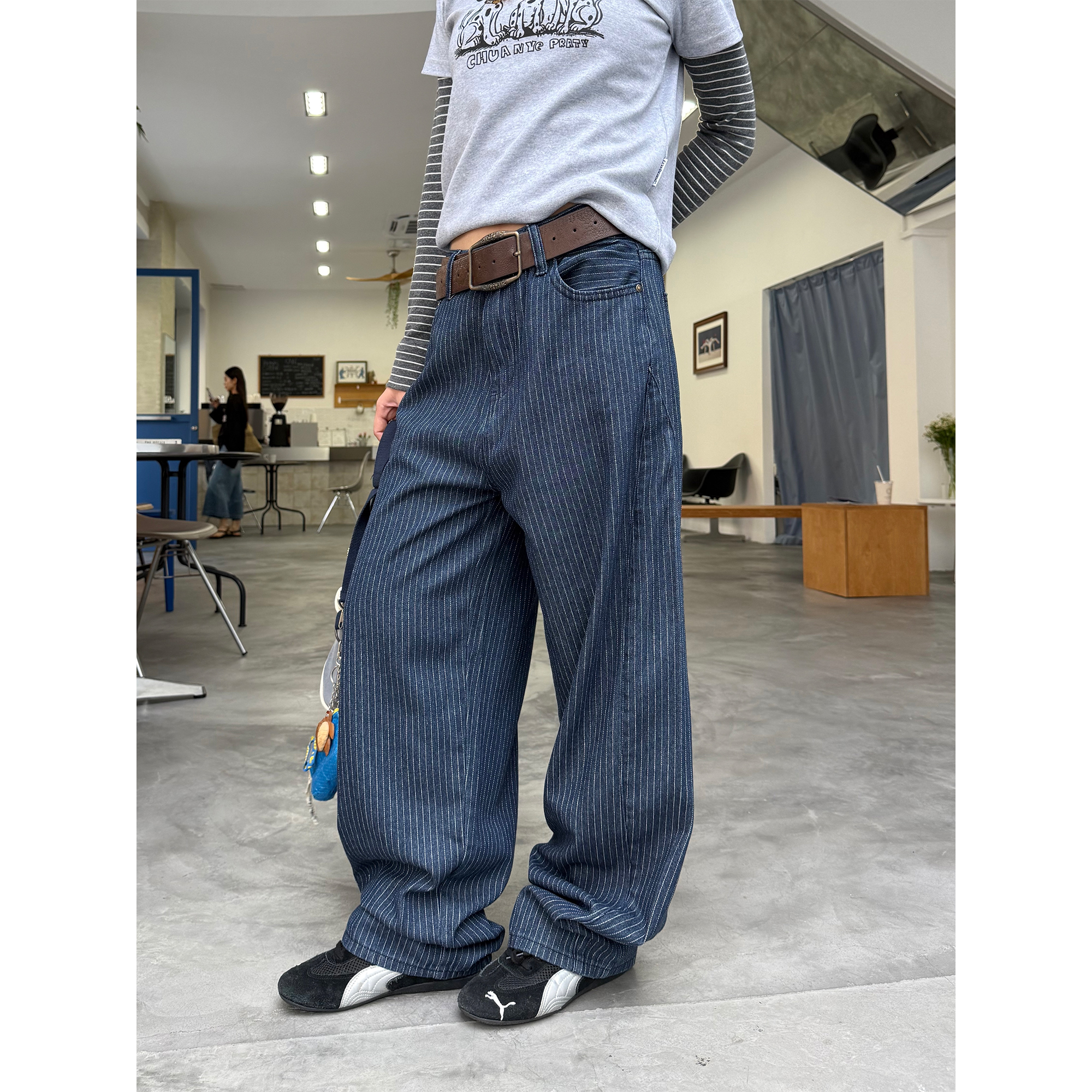 Retro Striped Loose Straight-Leg Denim Jeans for Men and Women - Soft Summer High-End Long Pants