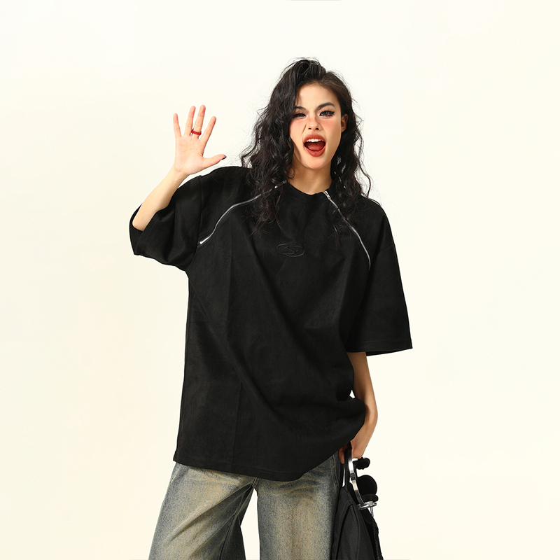 Retro Suede Double Zipper Short Sleeve T-Shirt for Men and Women - High Street Loose Fit Couple Tee, Y2K Style