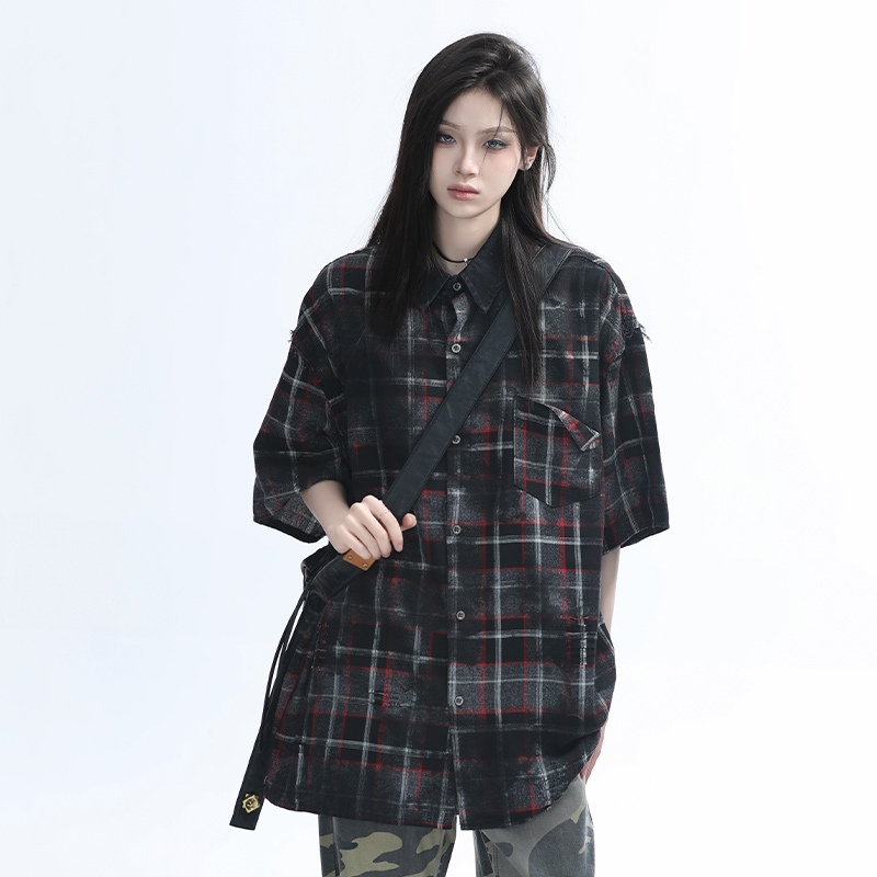 Retro Tie-Dye Plaid Short Sleeve Shirt for Women - Casual Summer Style, American High Street Trend