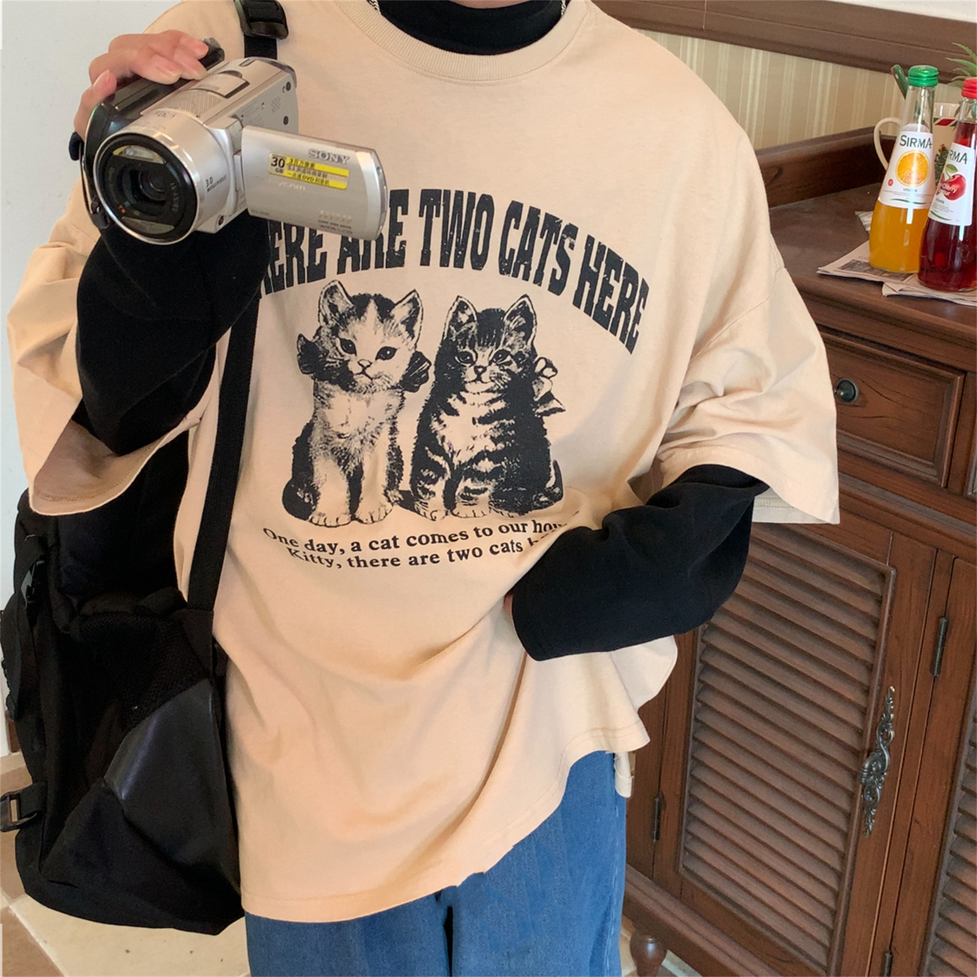 Retro Trendy Washed Vintage Cat Print Loose Fit Couple Round Neck Short Sleeve T-Shirt - Y2K Style