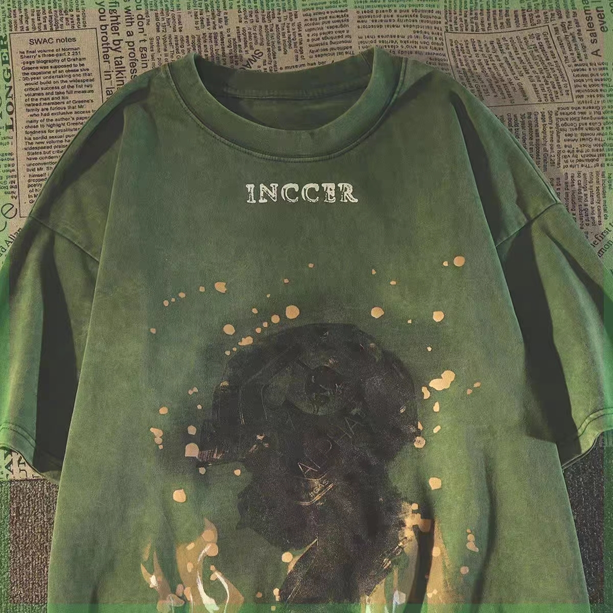 Retro Vintage Distressed Green Short Sleeve T-Shirt for Women - Trendy Summer Base Top in European and American Style