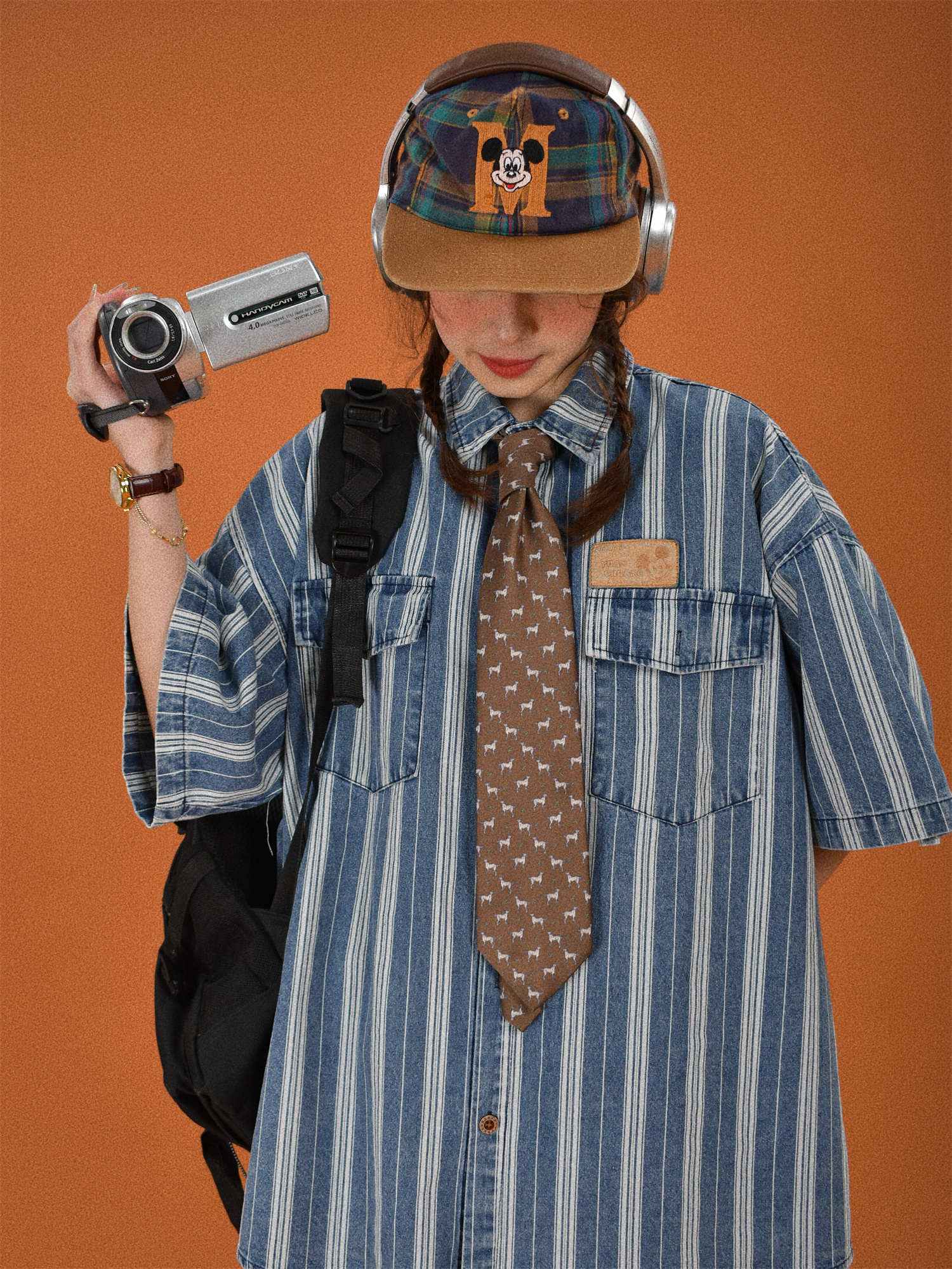 Retro Washed Striped Denim Short Sleeve Top - Loose Fit Vintage Cartoon Shirt for Summer Casual Style
