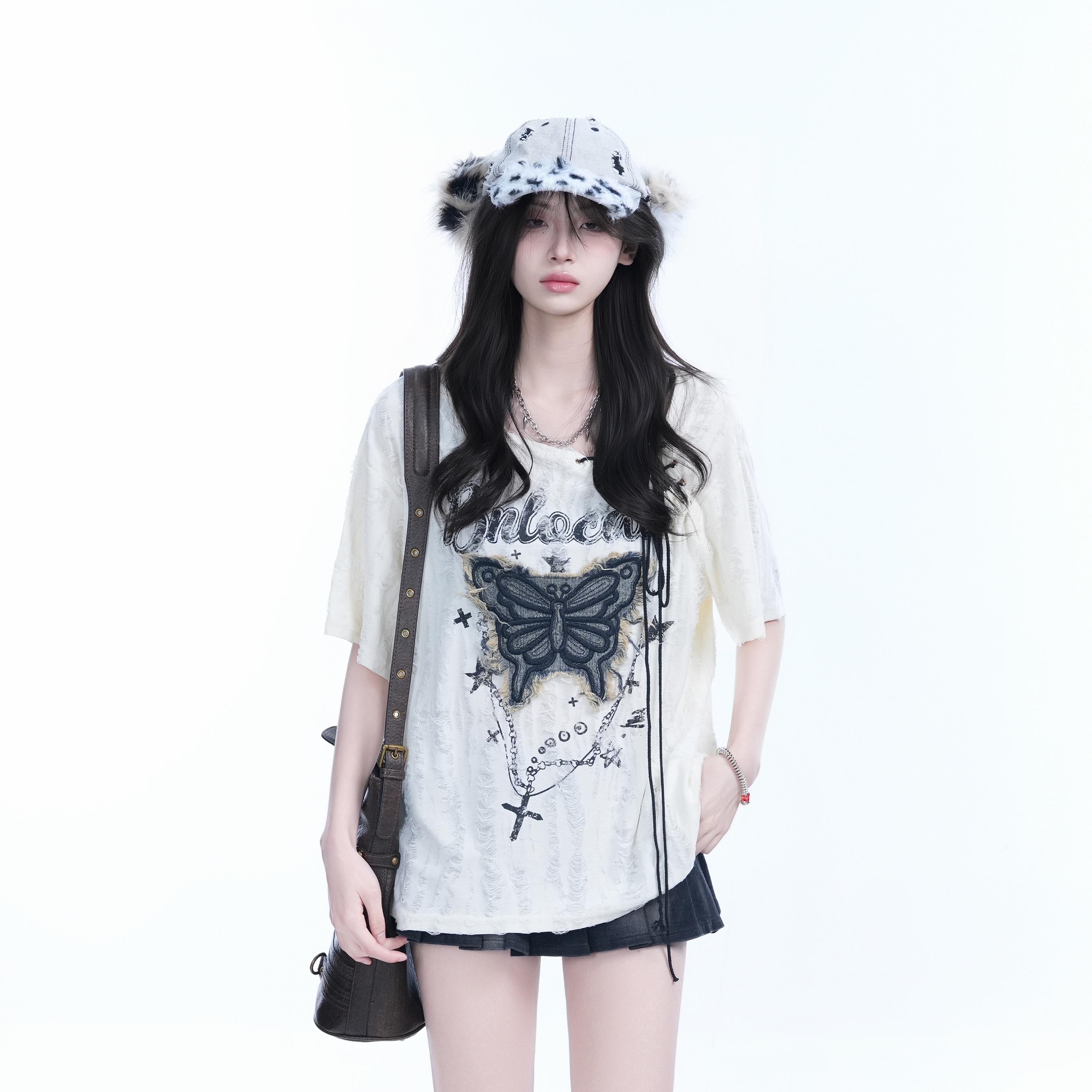 Ripped Butterfly Short Sleeve T-Shirt for Women - Off-Shoulder Spicy Girl Trendy Y2K American High Street Style