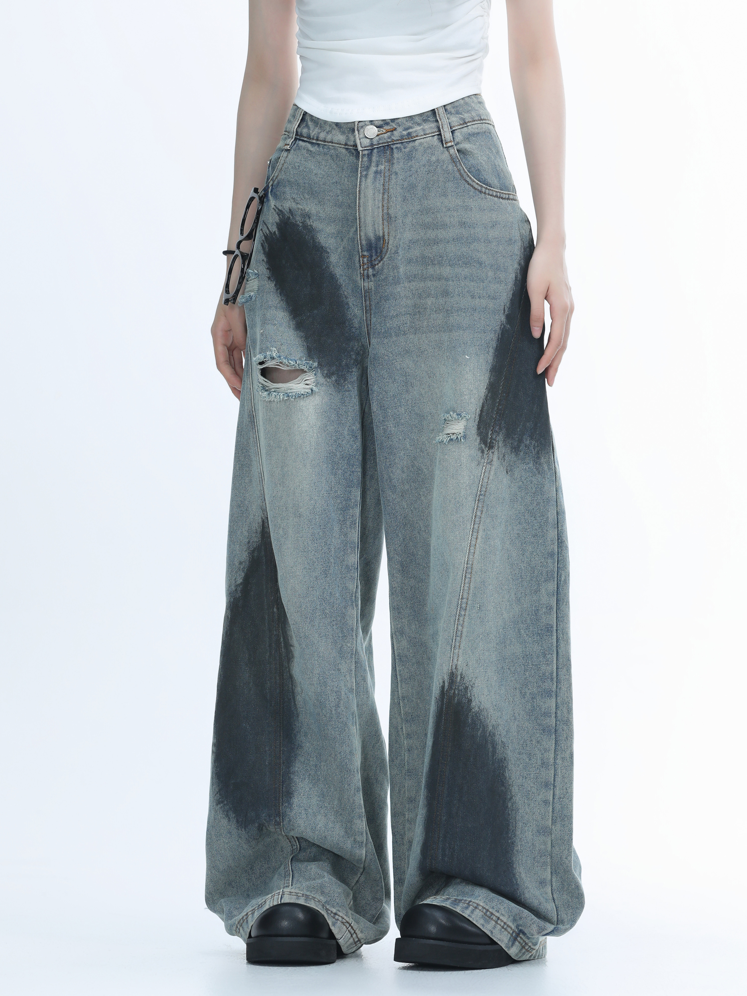 Ripped Graffiti Wide-Leg Jeans for Women - American High Street Straight Loose Floor-Length Pants
