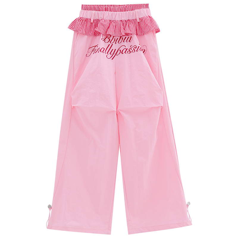 Ripple Wind Chime Casual Pants for Women - Original Dopamine Plaid Lace Design, Loose Wide-Leg Style, Trendy Y2K Fashion