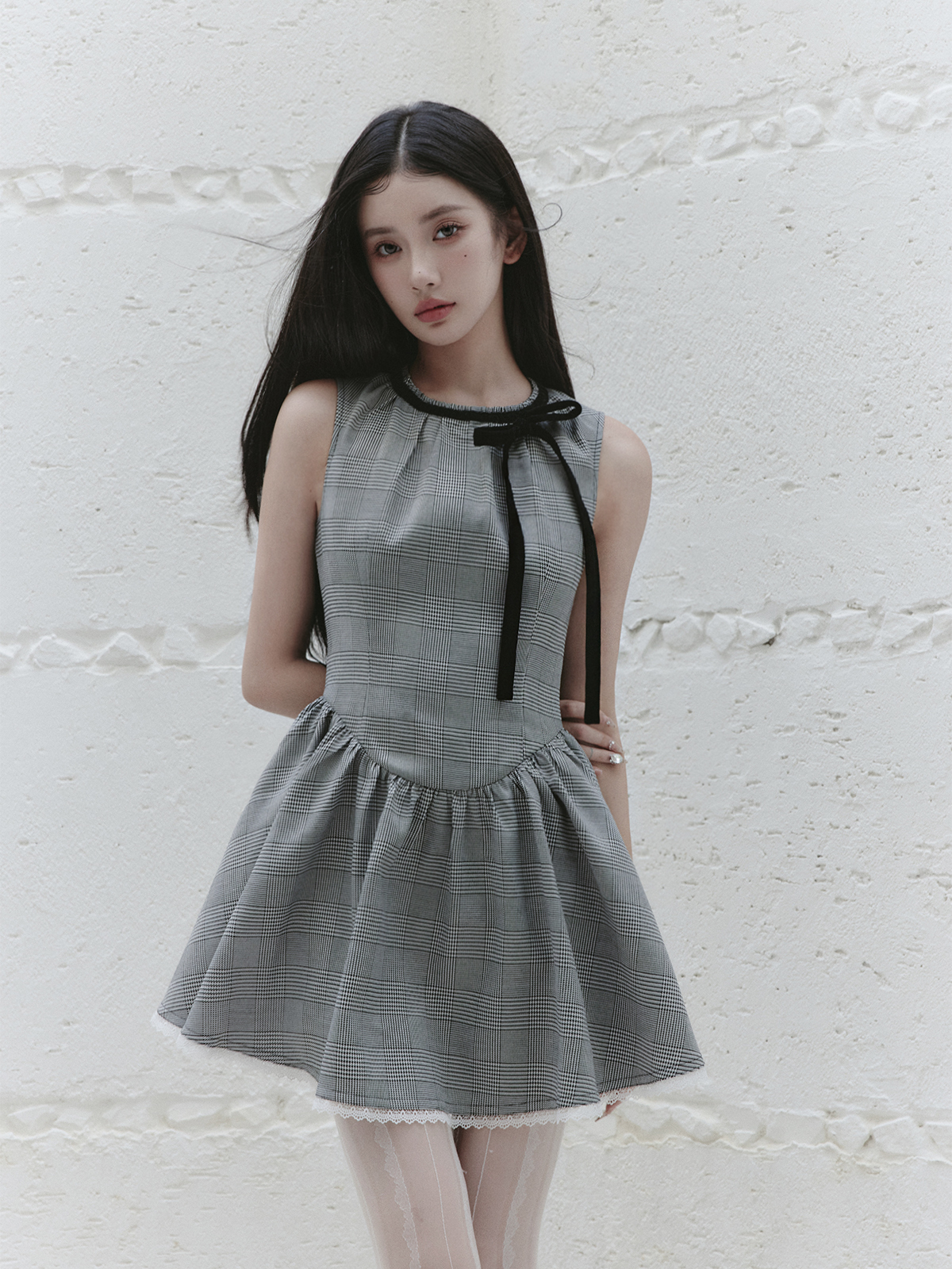 Roman Holiday Bow Tie Houndstooth Dress - Sleeveless Puff Skirt, Vintage 90s Style, Chic Party Dress for Women