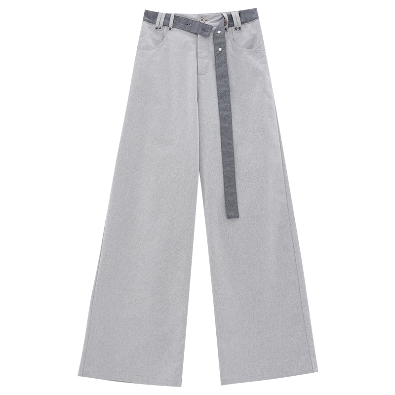 Romantic Bard Gray Belted Suit Pants for Women - Summer Wide-Leg Loose Casual Straight Pants