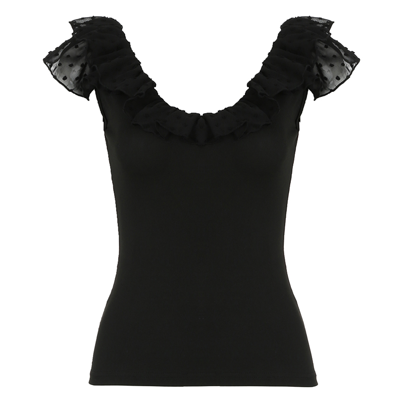 Romantic French Low-Neck Ruffled Backless Short Top for Women with Flutter Sleeves - Vacation Style Slim Fit Tank Top