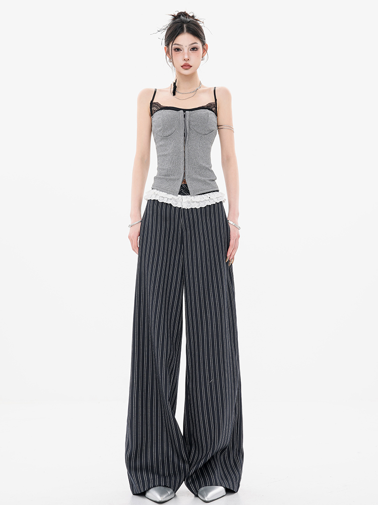 Romantic Monologue Lace Trim Striped Casual Pants for Women - Trendy Loose High-Waisted Straight Leg Trousers, Y2K Style