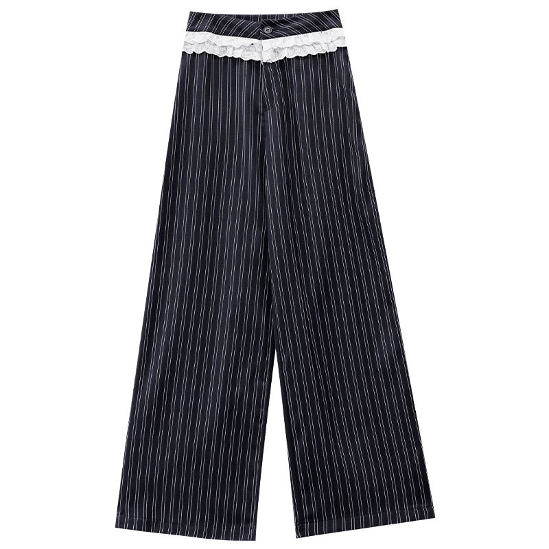 Romantic Monologue Lace Trim Striped Casual Pants for Women - Trendy Loose High-Waisted Straight Leg Trousers, Y2K Style