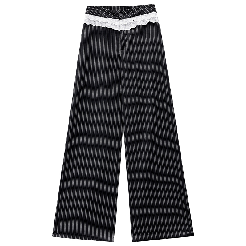 Romantic Monologue Striped Lace Trim Casual Pants for Women - 2025 Straight-Leg Floor-Length Trousers, Y2K Chic Style