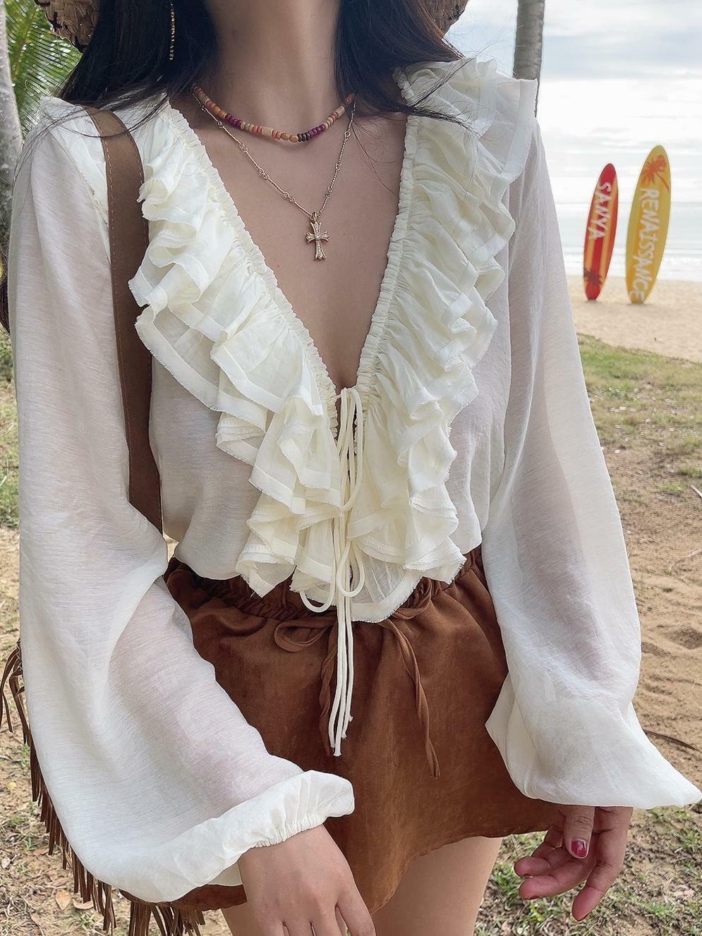 Romantic Multi-Layer Ruffled Tie-Sleeve Lantern Sleeve Fairy Vacation Shirt - Handmade Spring/Summer 2025 Fashion