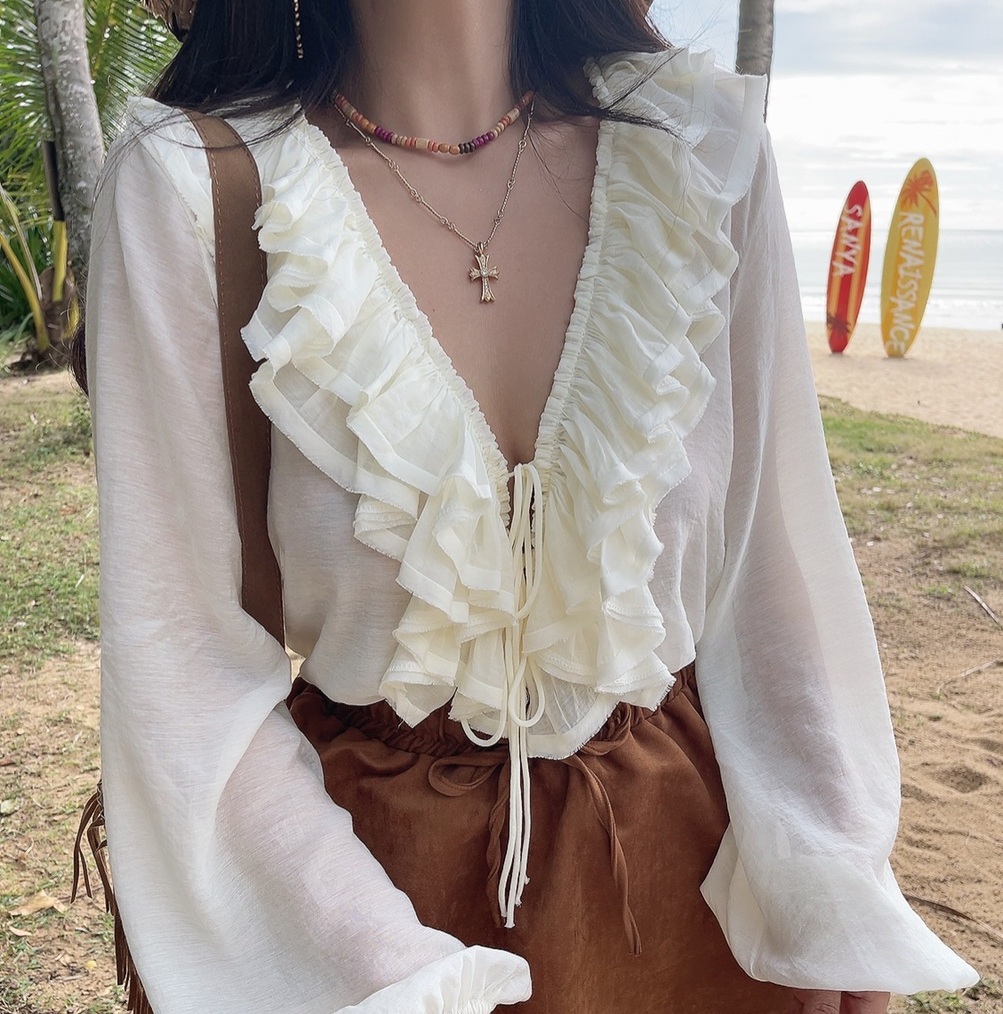 Romantic Multi-Layer Ruffled Tie-Sleeve Lantern Sleeve Fairy Vacation Shirt - Handmade Spring/Summer 2025 Fashion