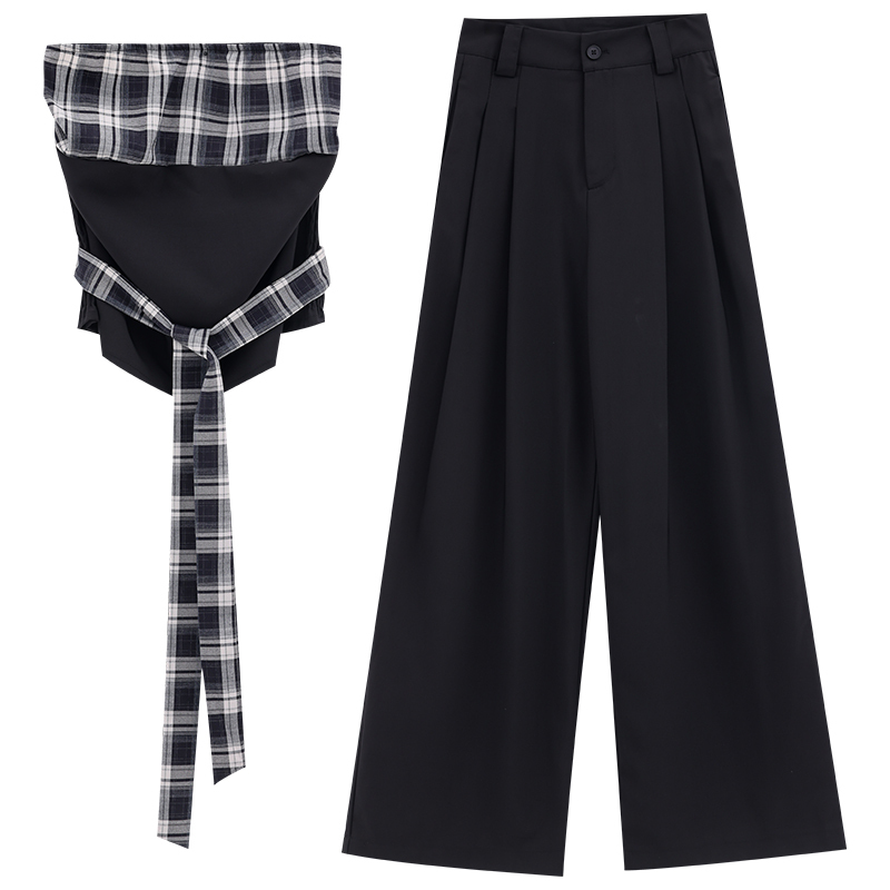 Romantic Plaid Patchwork Strapless Top and Loose Pleated Straight Leg Pants Women's Two-Piece Set - Y2K Style
