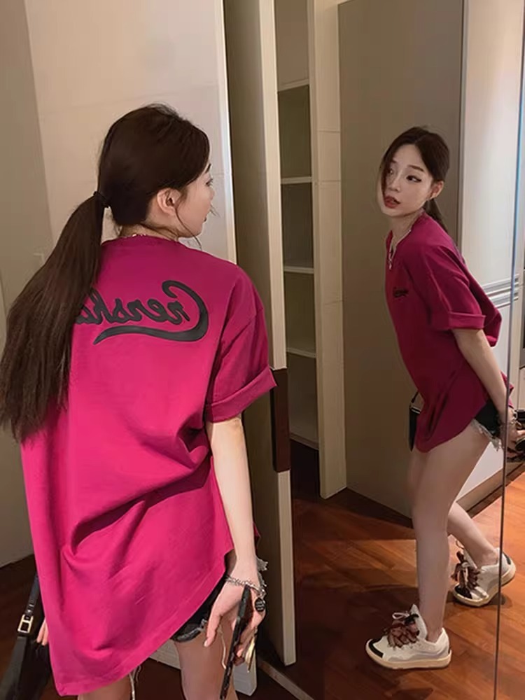 Rose Red Plus Size Loose Fit Cotton Short Sleeve T-Shirt for Women - Casual Mid-Length Top, Perfect for Everyday Wear