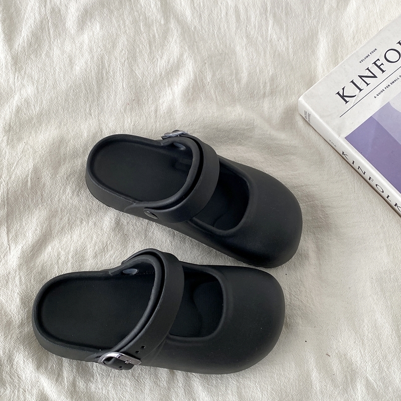 Round-Toe Mary Jane Slippers for Women - Summer 2025 Thick-Soled Closed-Toe Half Slippers, Trendy Holey Design for Outdoor Wear