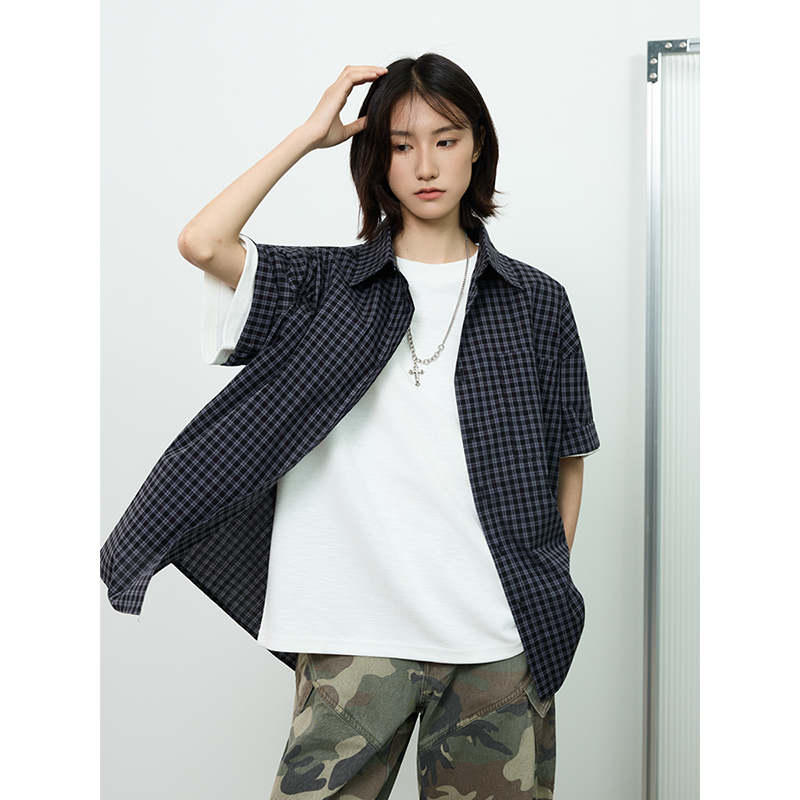 Royal Blue Check Short-Sleeve Shirt for Summer - Unisex Loose Casual Jacket in Lazy Style, Perfect for 90s and Y2K Inspired Outfits