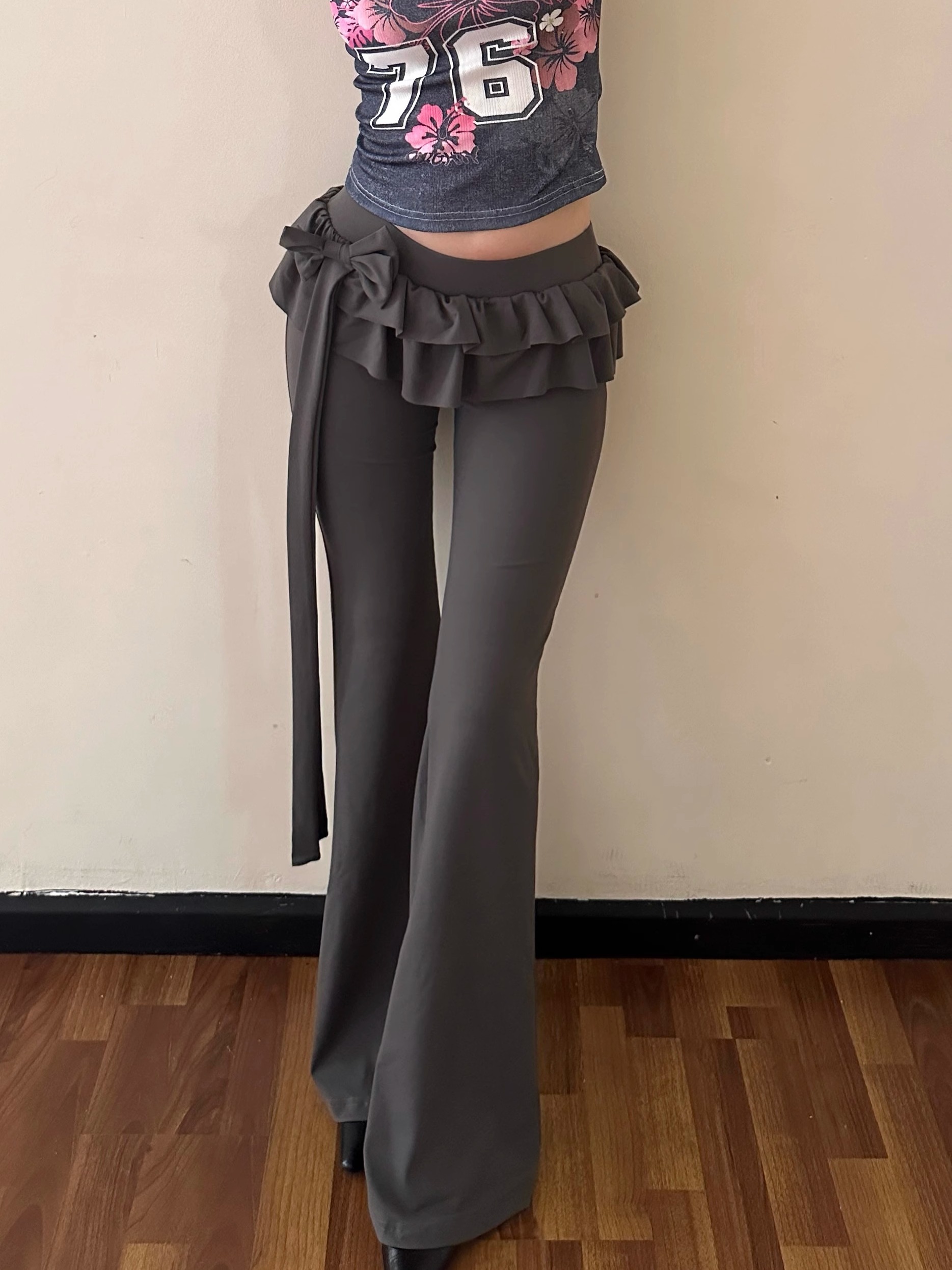 Ruffle Spliced Flared Pants for Women - 2025 Low Waist Slim Fit Casual Long Pants - Versatile Y2K Style