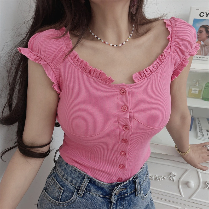 Ruffled Edge Crop Top for Women - Vintage American Style Elastic Short Sleeve T-Shirt - Spring/Summer 2024 Fashion