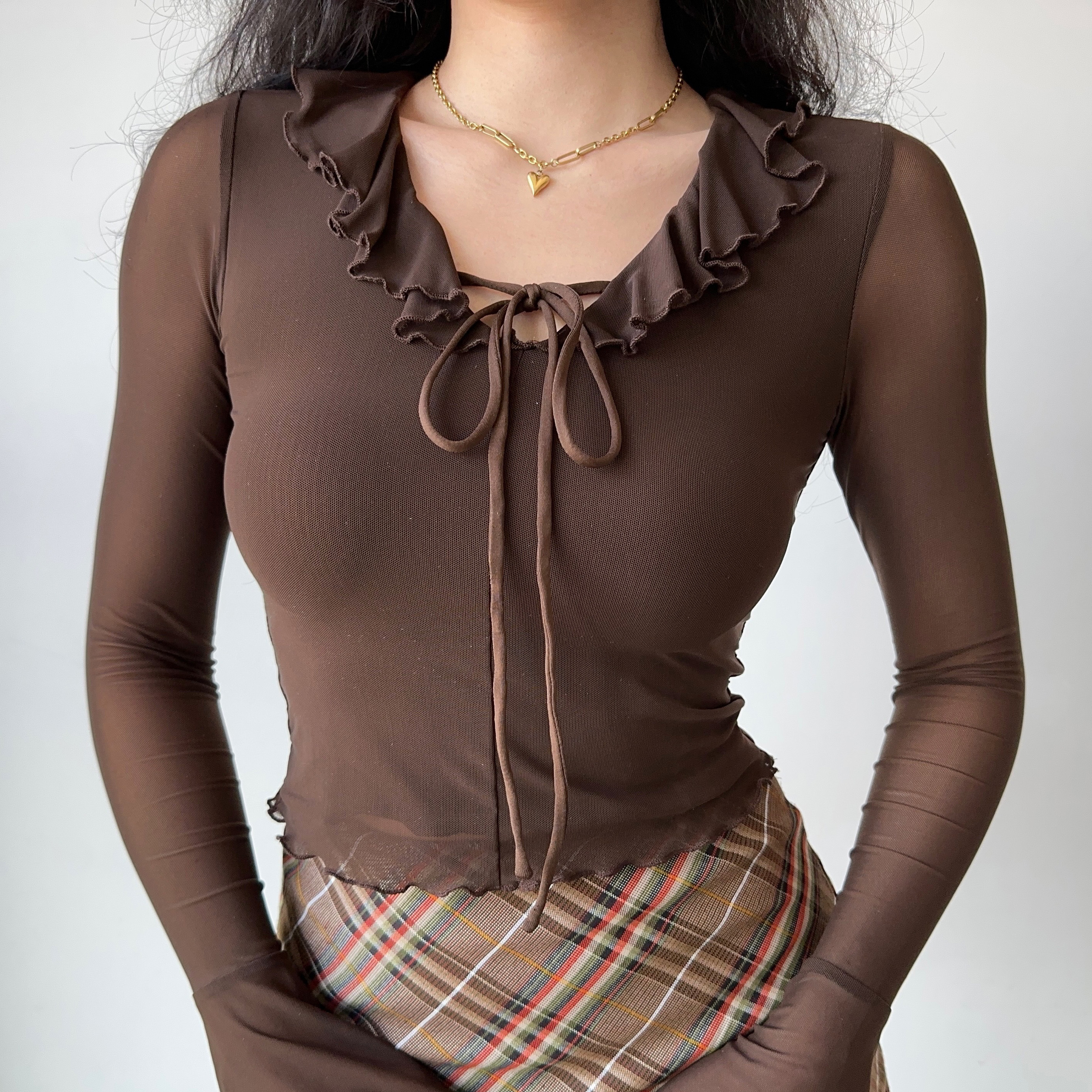 Ruffled Lace-Up Sheer Long Sleeve T-Shirt for Women – European American Style Slim Fit Top, Perfect for Y2K and Casual Chic Looks