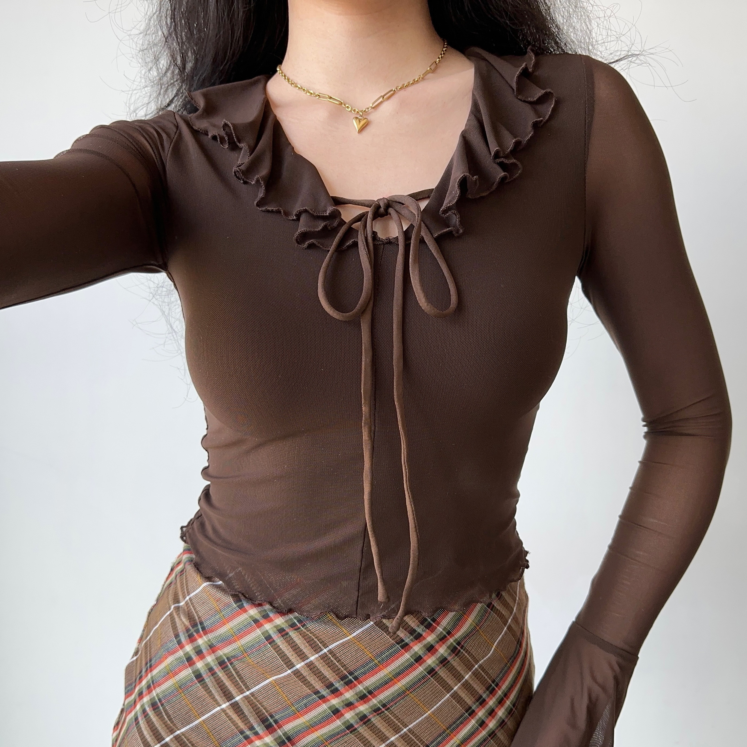 Ruffled Lace-Up Sheer Long Sleeve T-Shirt for Women – European American Style Slim Fit Top, Perfect for Y2K and Casual Chic Looks