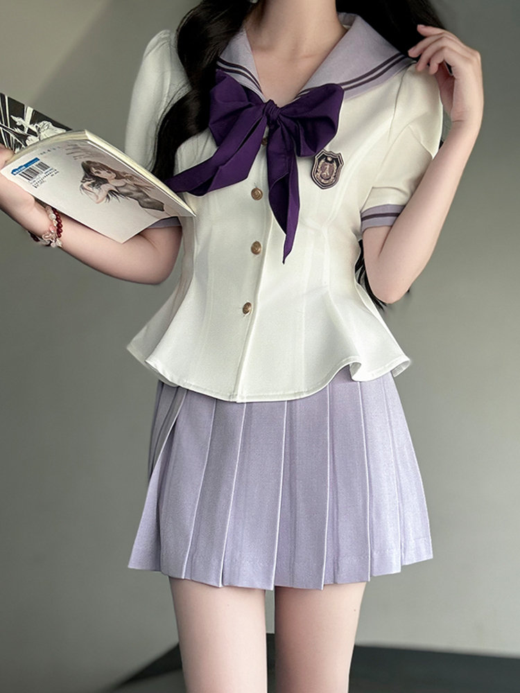 Ruffled Women's Summer JK Uniform Sailor Suit in Purple - College Style Waist-Defined Short Sleeve Set