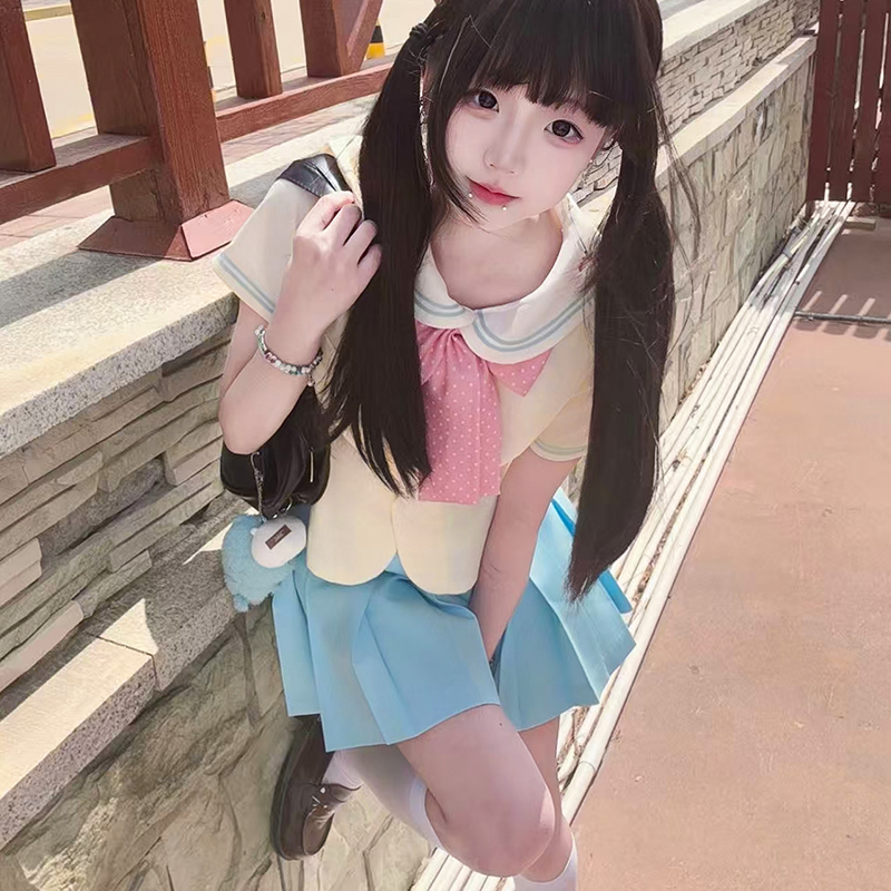 Sailor Suit Set for Women - Pudding Bear Original JK Uniform, Waist-Adjusting Shirt, Summer Short Sleeve, College Style, Cute Aesthetic