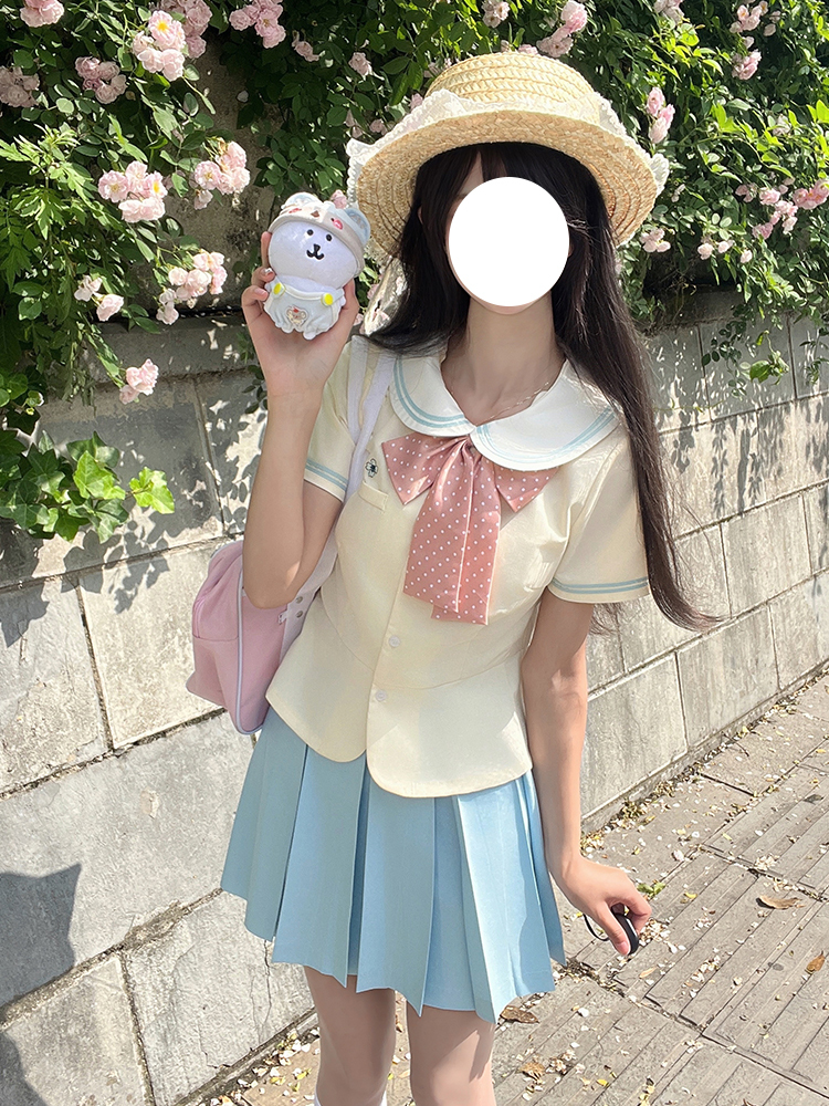 Sailor Suit Set for Women - Pudding Bear Original JK Uniform, Waist-Adjusting Shirt, Summer Short Sleeve, College Style, Cute Aesthetic