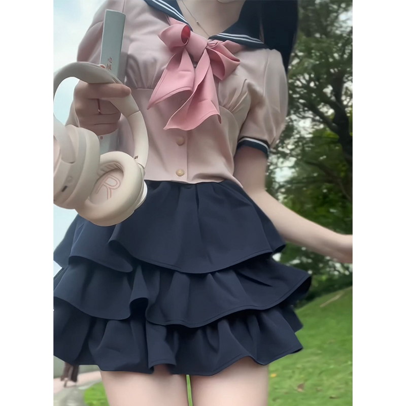 Sailor Suit Set with Pudding Bear Design, Summer JK Uniform Cake Skirt, Short Sleeve, College Style, Waist-Defining Slim Fit