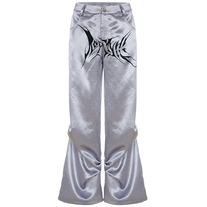 Satin Pleated Woven Pants for Women - Casual Loose Slimming Dark Silver Street Style Long Dance Pants - Trendy Y2K Fashion