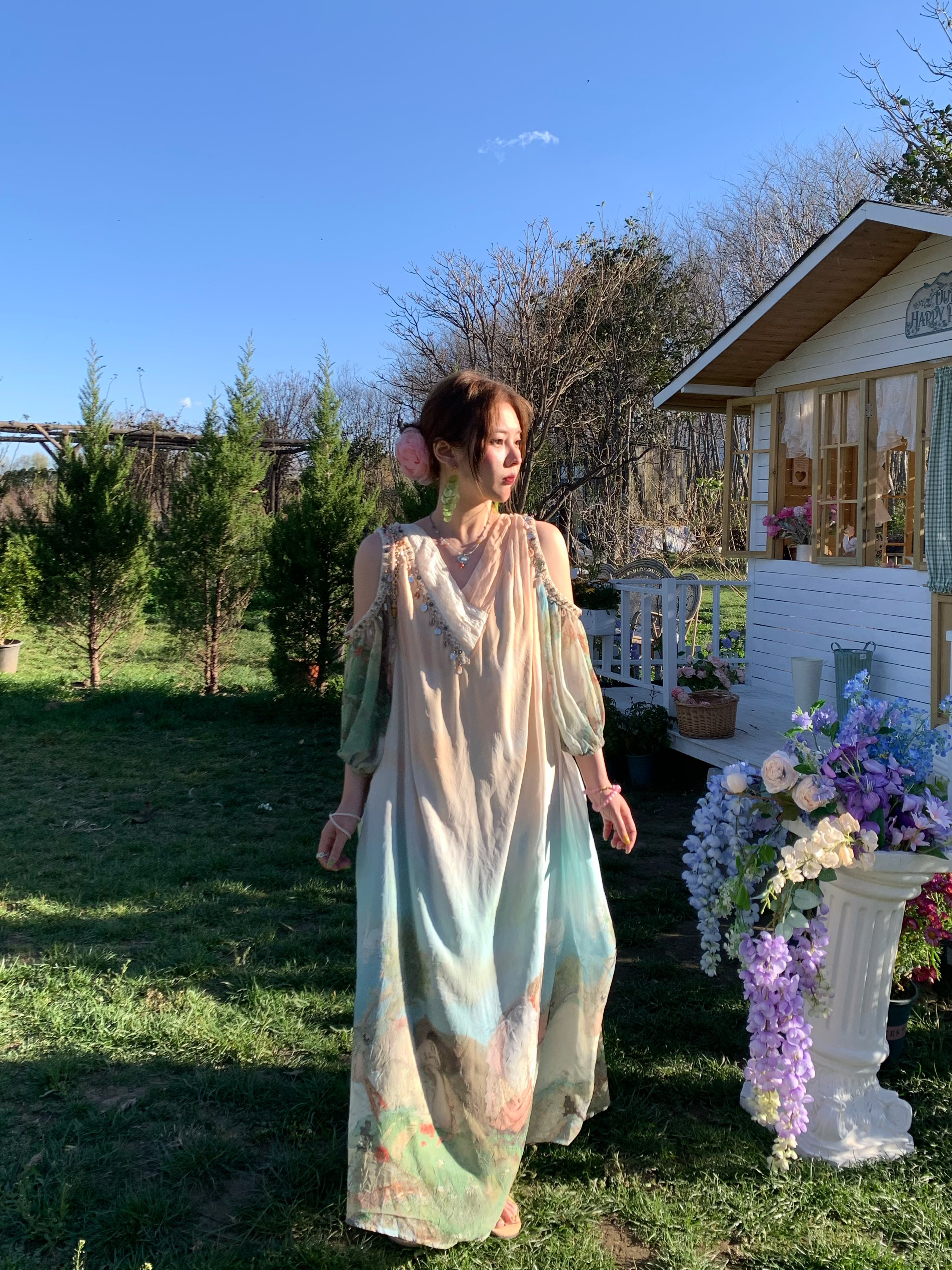 Sea Orange Sanctuary Tie-Dye Beaded Off-Shoulder Maxi Dress - Women's Bohemian Spring Style, Vintage-Inspired, Perfect for 90s Y2K Looks