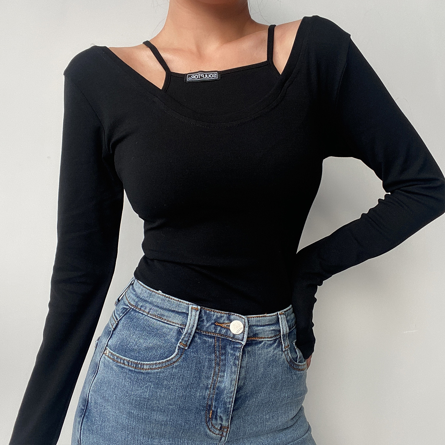 Sexy Big Round Neck Solid Color Spliced Fake Two-Piece Long Sleeve T-Shirt - Slim Fit Early Spring Style