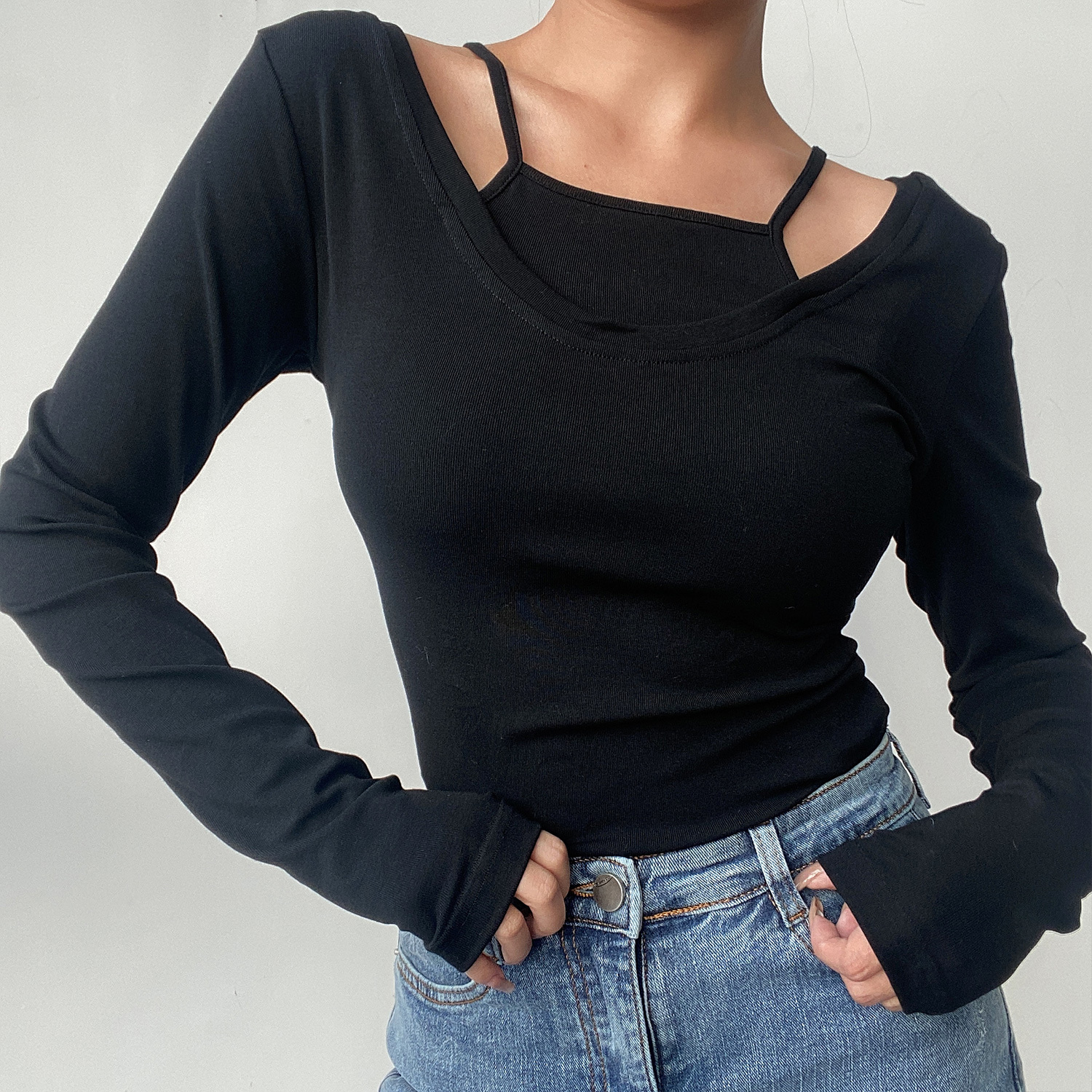 Sexy Big Round Neck Solid Color Spliced Fake Two-Piece Long Sleeve T-Shirt - Slim Fit Early Spring Style