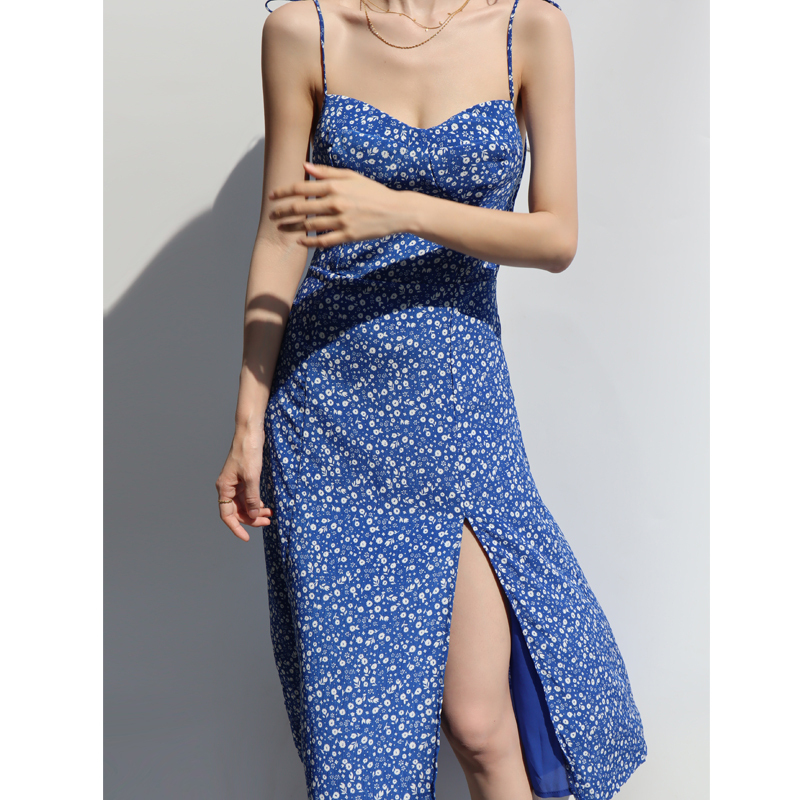 Sexy Blue Floral Lace-Up Dress - French Style V-Neck, Waist-Cinching, Slimming Side Slit, Spaghetti Strap Vacation Beach Dress
