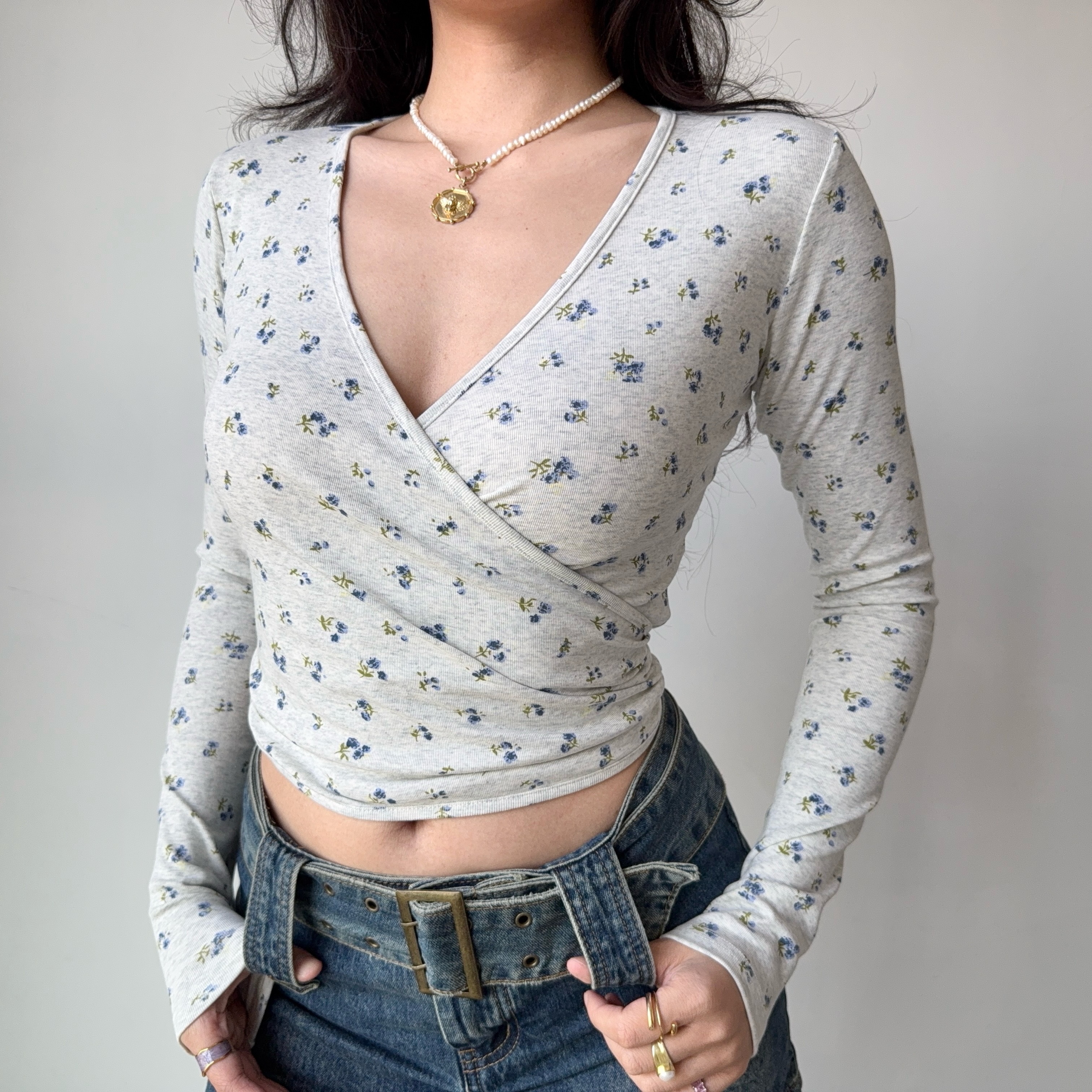 Sexy Cross V-Neck Wrap Long Sleeve Floral T-Shirt - European American Style Women's Top - Trendy Y2K Fashion
