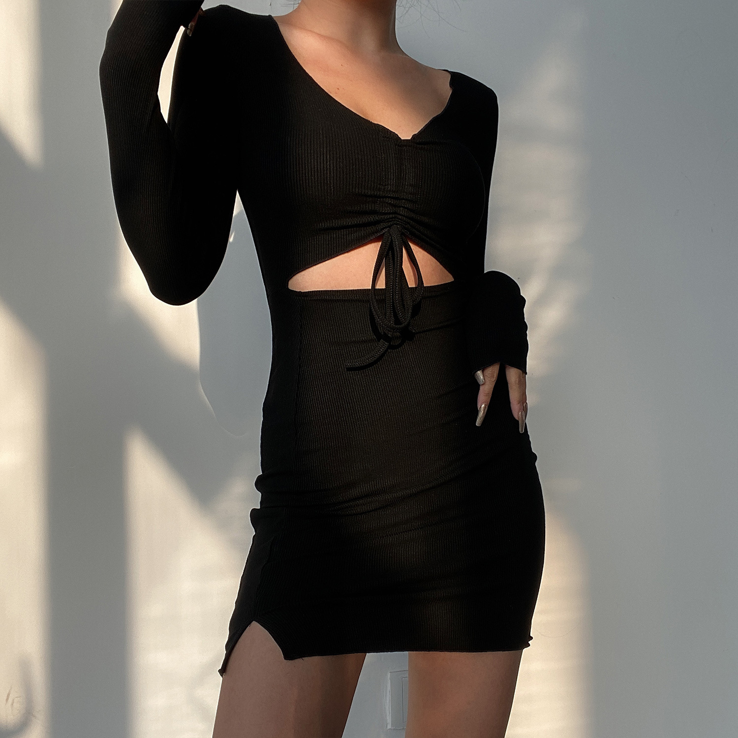 Sexy Deep V-Neck Hollow Drawstring Solid Color Waist-Cinching Slim-Fit Long Sleeve Bodycon Split Dress - European and American Style