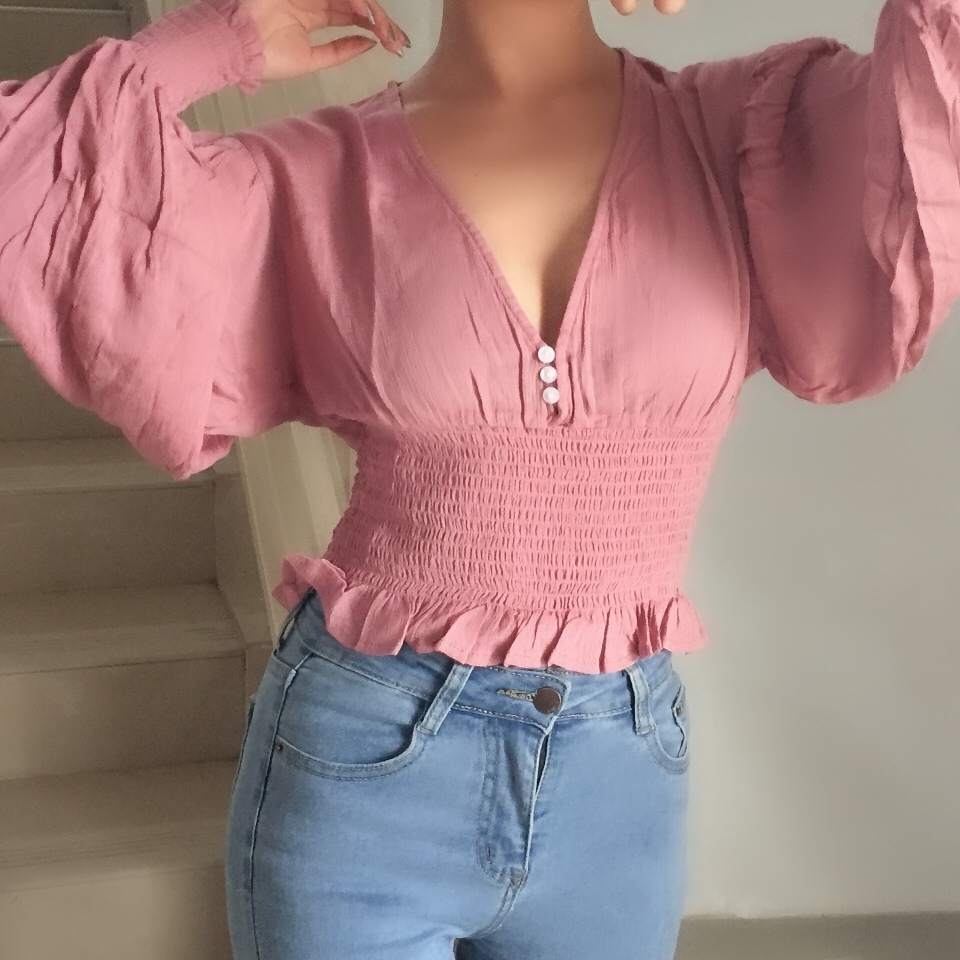Sexy Deep V Retro Lantern Sleeve Button-Up Shirt Top with Elastic Waist - European American Style Fashion