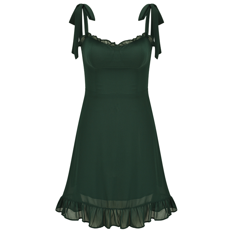 Sexy Green Shoulder Tie Ruffled Edge Waist-Cinching Short A-Line Dress - Flirty 90s Inspired Style