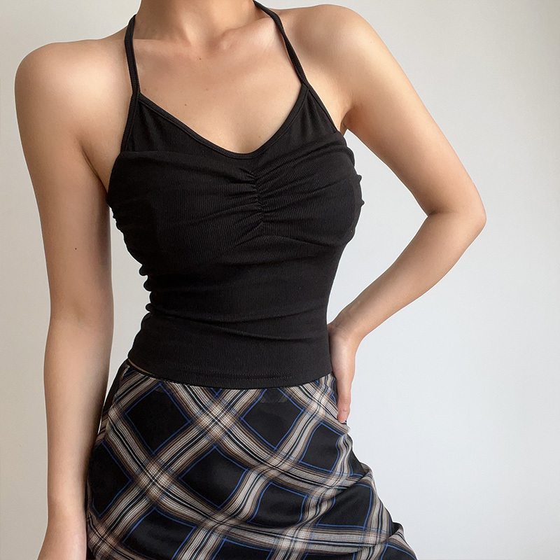 Sexy Halter Neck V-Neck High-Waisted Ribbed Camisole - Slim Fit Solid Color Top for European and American Style
