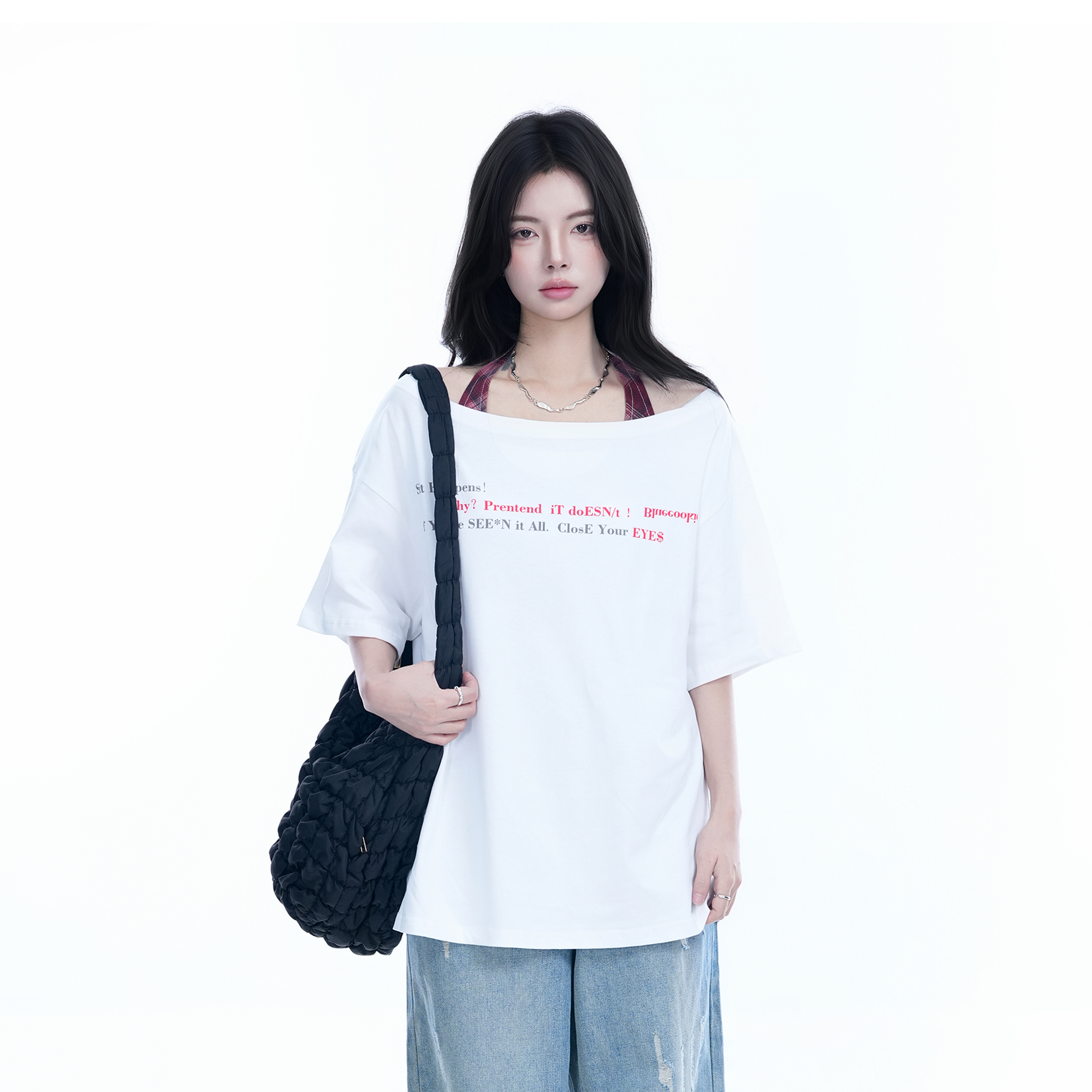 Sexy Halter Top and White Off-Shoulder Short Sleeve T-Shirt Two-Piece Set for Women - Trendy Loose Half-Sleeve Style