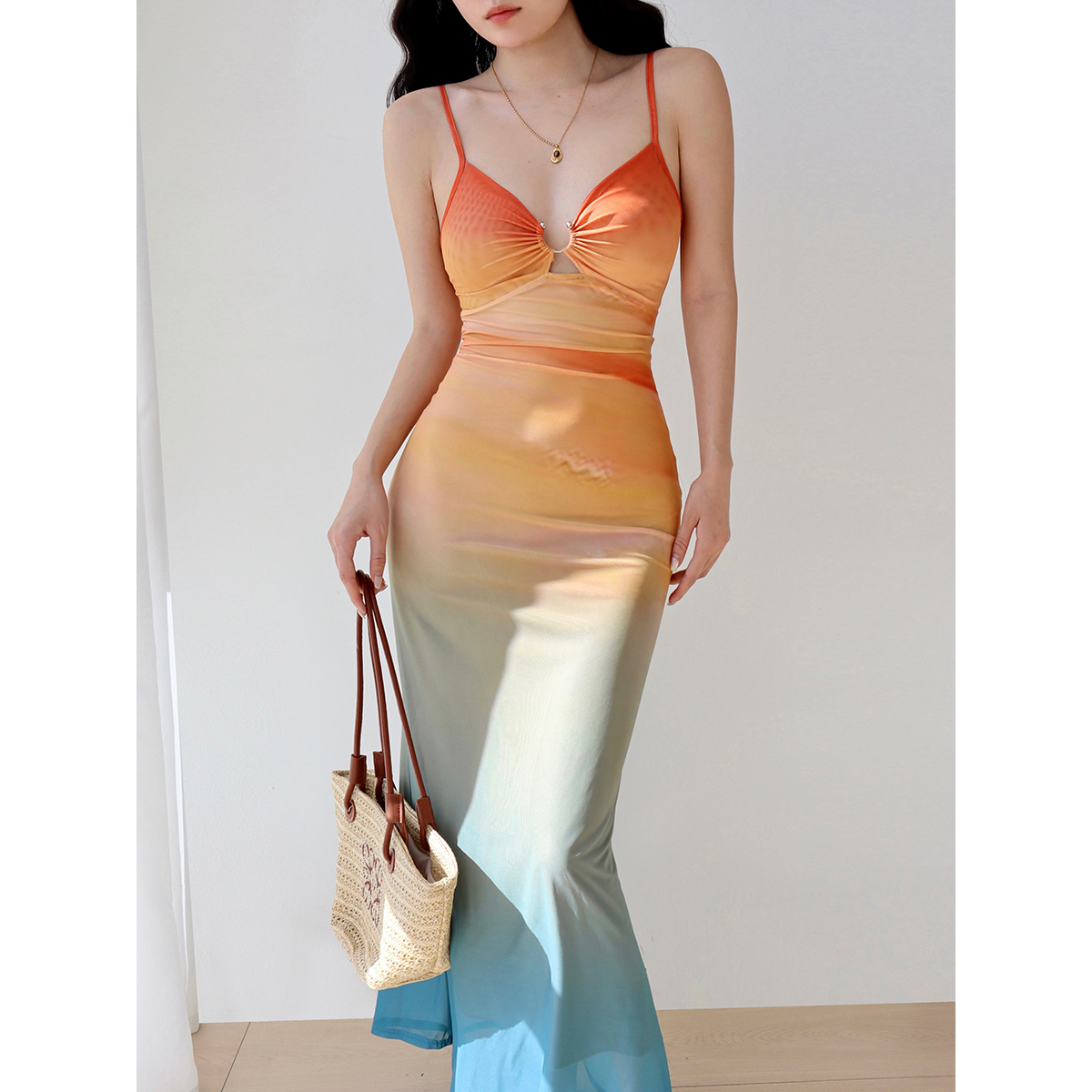 Sexy Hot Girl Mesh Printed Spaghetti Strap Dress - Vintage European American Style, Floor-Length Holiday Maxi Dress