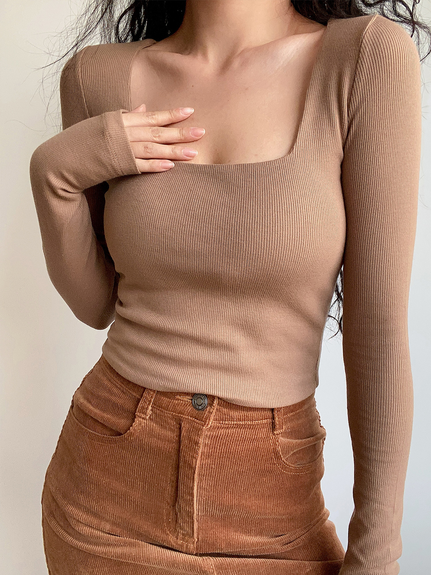 Sexy Minimalist Square Neck Long Sleeve T-Shirt Top - High-Waisted Slim Fit Solid Color - European American Style