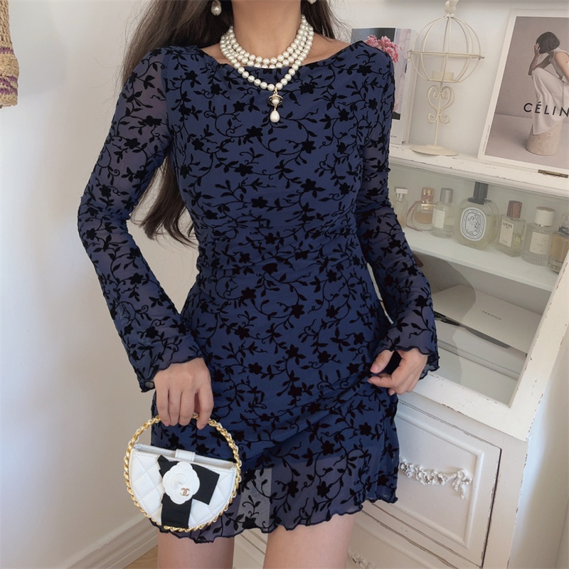 Sexy One-Shoulder Bell Sleeve Mesh Long Sleeve Dress - Handmade Early Autumn Style, Australian Niche Fashion
