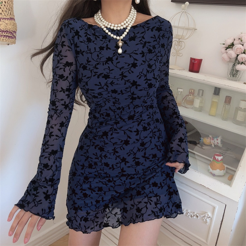 Sexy One-Shoulder Bell Sleeve Mesh Long Sleeve Dress - Handmade Early Autumn Style, Australian Niche Fashion