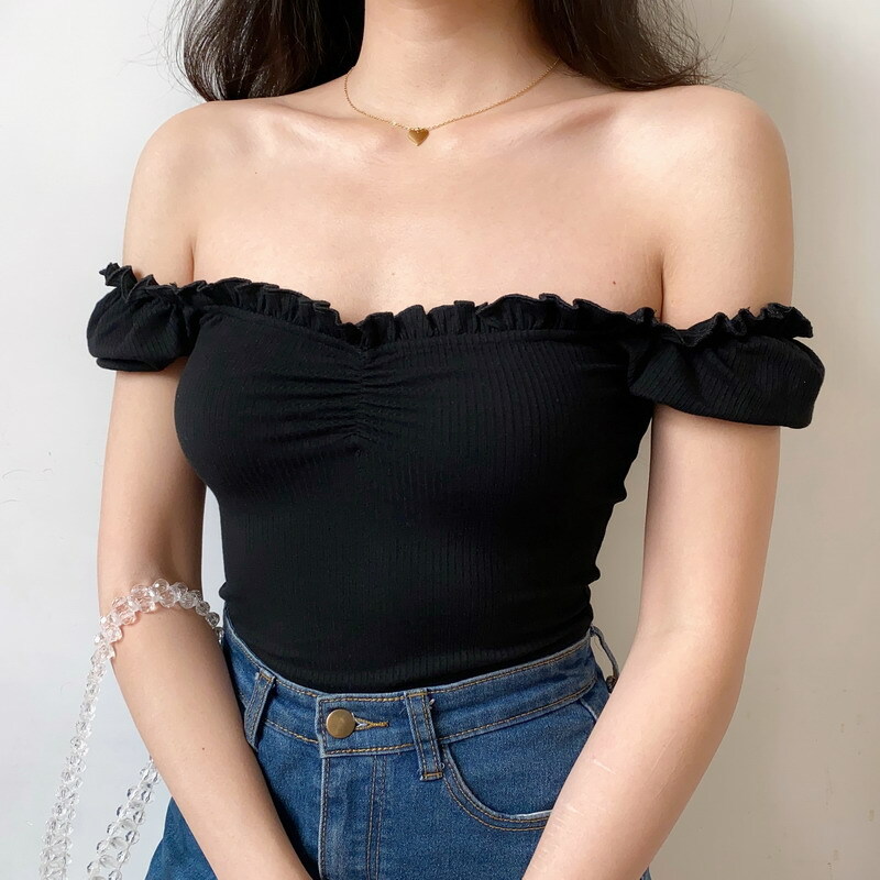 Sexy One-Shoulder Ruffled Puff Sleeve T-Shirt for Women - European & American Style Short Top, Trendy 90s Inspired Fashion