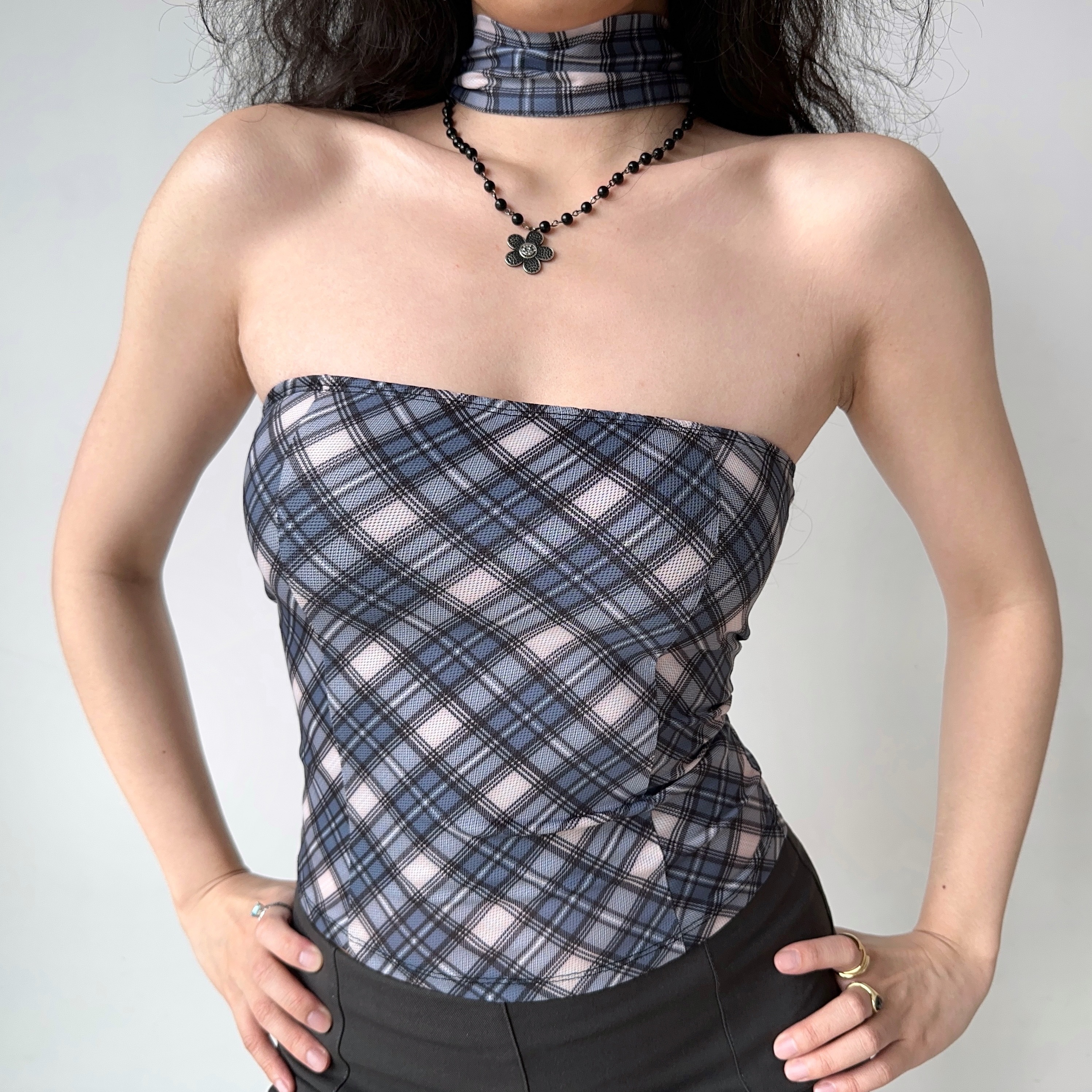 Sexy Plaid Strapless Top with Scarf - Women's Sleeveless Slim Fit - European & American Style - Summer Fashion 90s Inspired