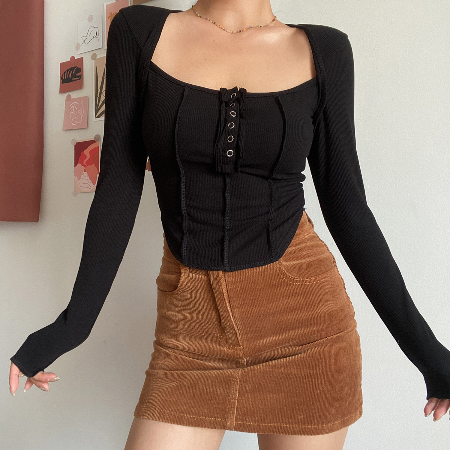 Sexy Square Neck Spliced Button Long Sleeve T-Shirt - Low-Cut Clavicle Top for Hot Girls - European American Style Fashion