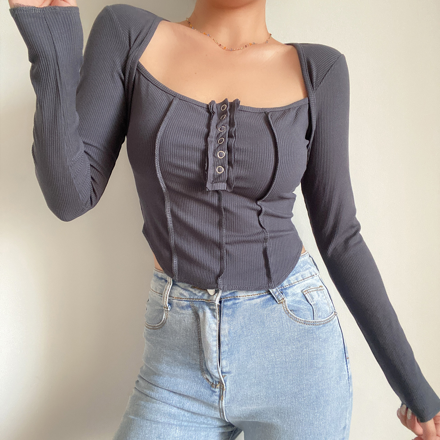 Sexy Square Neck Spliced Button Long Sleeve T-Shirt - Low-Cut Clavicle Top for Hot Girls - European American Style Fashion