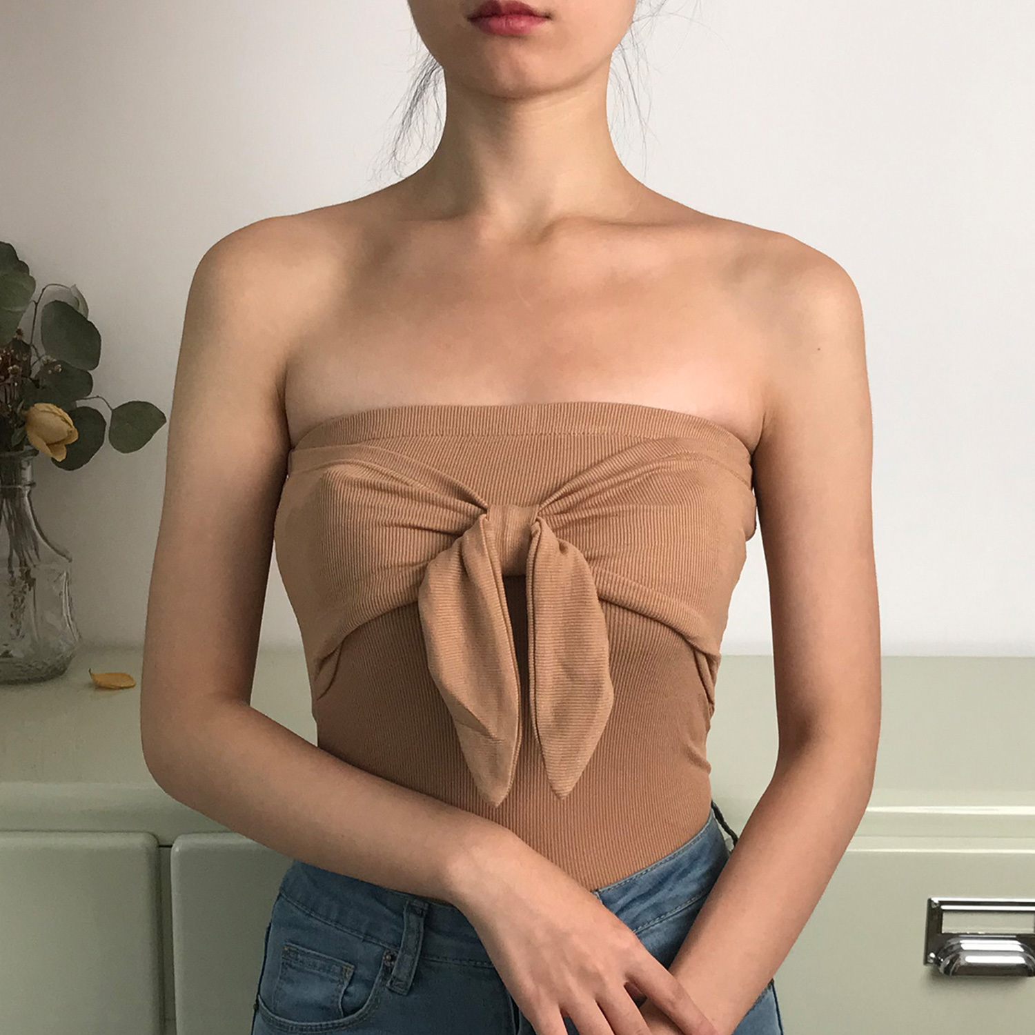 Sexy Strapless Bow Ribbed Solid Color Slim-Fitting Tank Top Camisole - European and American Style, Cute Y2K Fashion